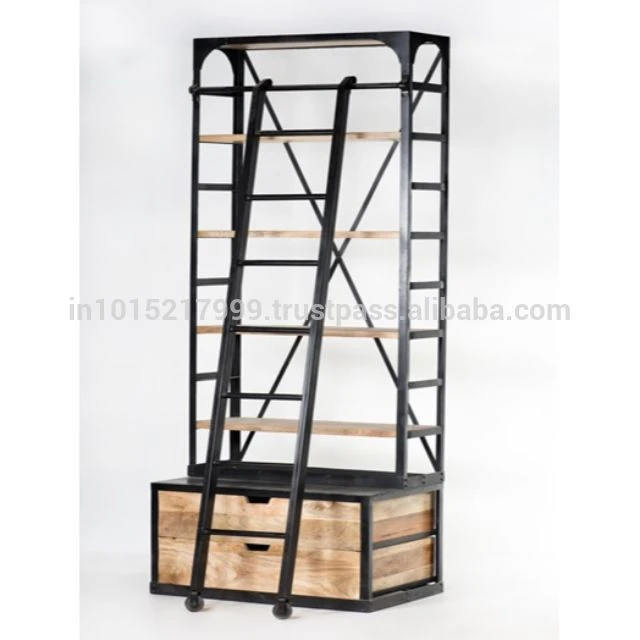Industrial Commercial Iron Wood Bookshelf With Ladder And Two Wooden Drawers