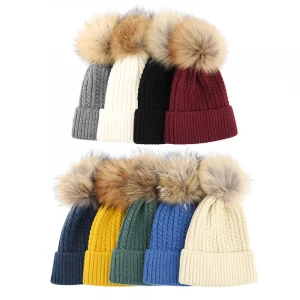 KAZUFUR Winter Warm Real Fur Pompom Hats Raccoon Fur Ball Hat knitted Beanie