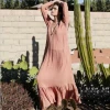 LH8110 Womens European and American white and pink retro long-sleeved Bohemian beach long dress
