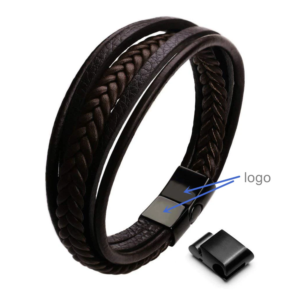 Mens Genuine Leather Bracelet With Stainless steel Magnetic Clasp Braided Rope Wrap Mens MultiLayer Leather Bracelet 2020