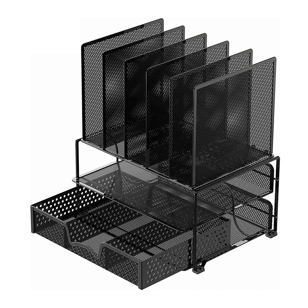 Mesh Desk Organizer with Sliding Drawer, Double Tray and 5 Upright Sections Desk Organiser Set