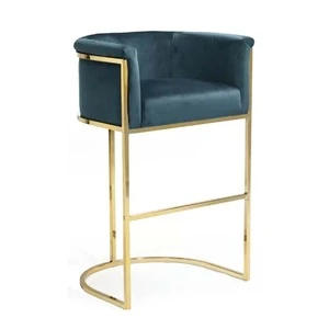 Modern Commercial Furniture Blue Velvet Gold Finish Frame Club Bar Stool