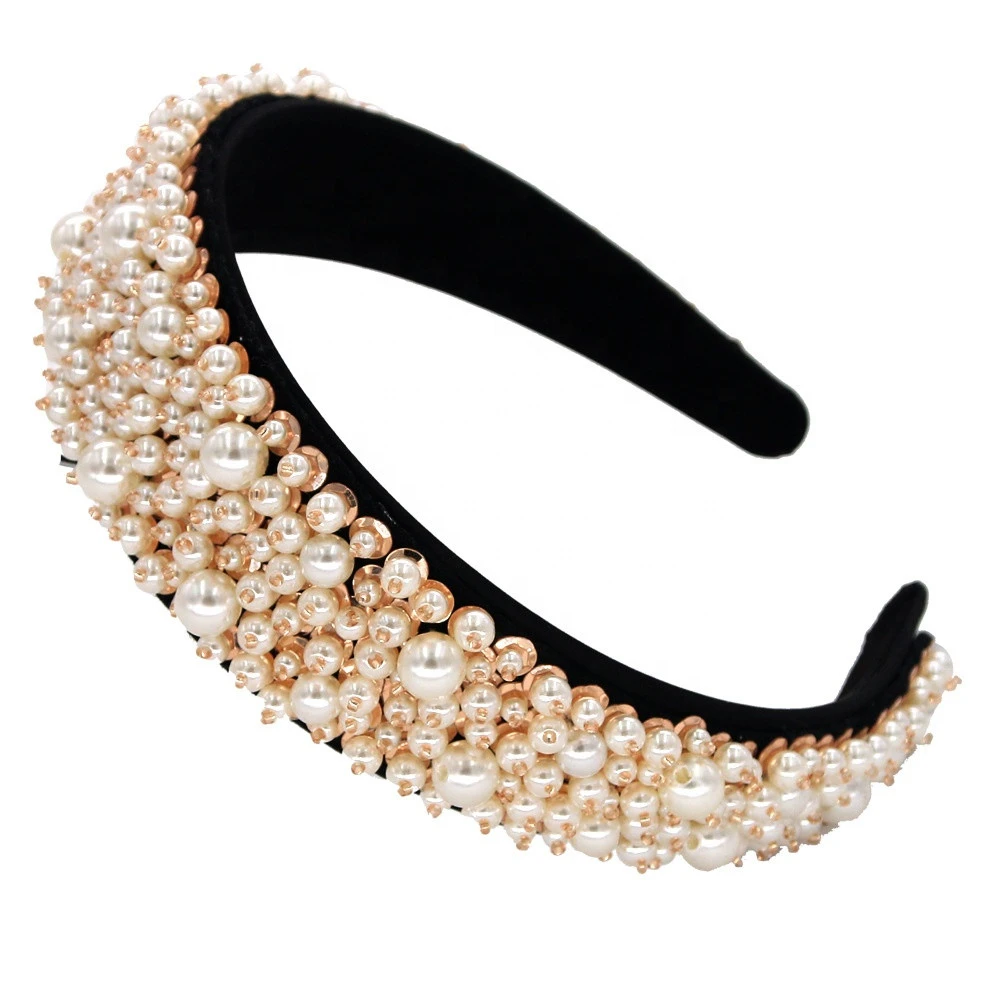 New Baroque Headbands Pearl Crown Women Tiara Hair Accessories Girls Retro Velvet Hairbands Wedding Bridal