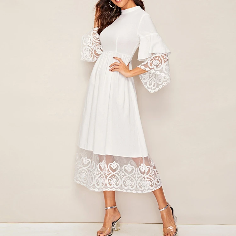 New design flared sleeve women dresses casual with lace hem