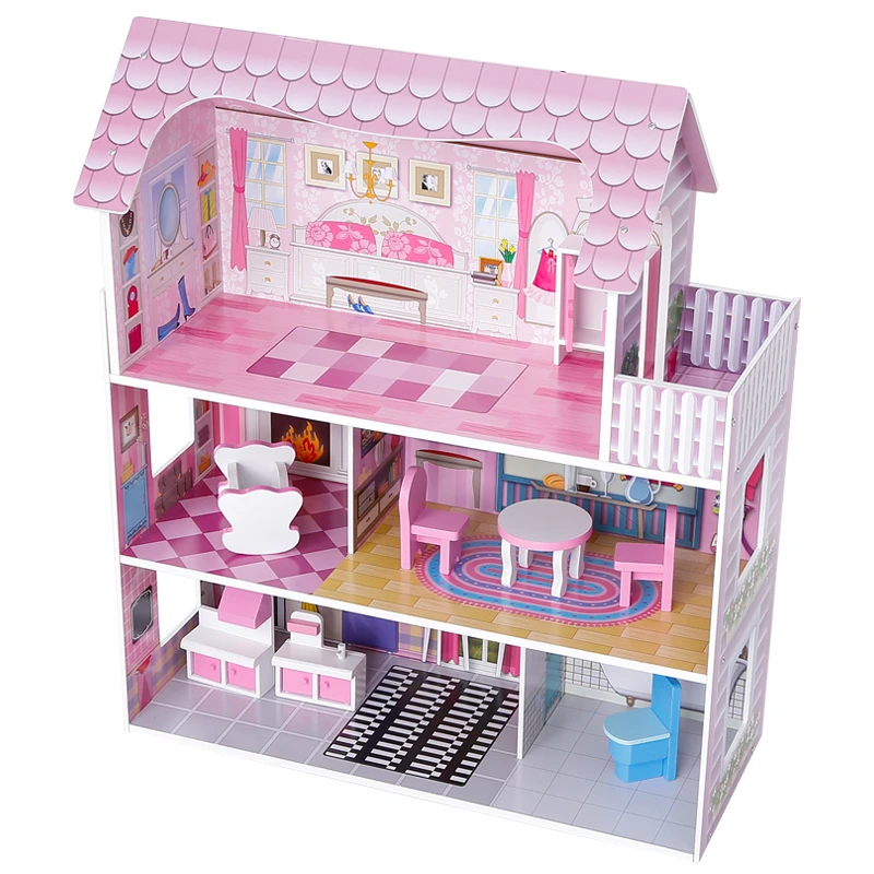 New Design Girls Pink DIY Wooden Play Furniture Big Doll House Kits Miniature Dollhouse