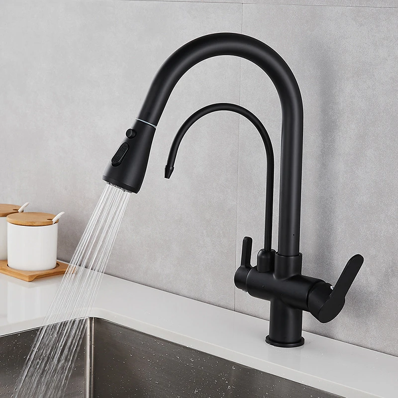 New Design Pull Out 2 Handle 3 Way Drinking Faucet Water Purifier Filter