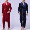 New Design Simple Exquisite Red Blue Long-Sleeved Mens Silk Nightgown Pants Pajamas