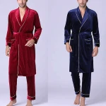 New Design Simple Exquisite Red Blue Long-Sleeved Mens Silk Nightgown Pants Pajamas