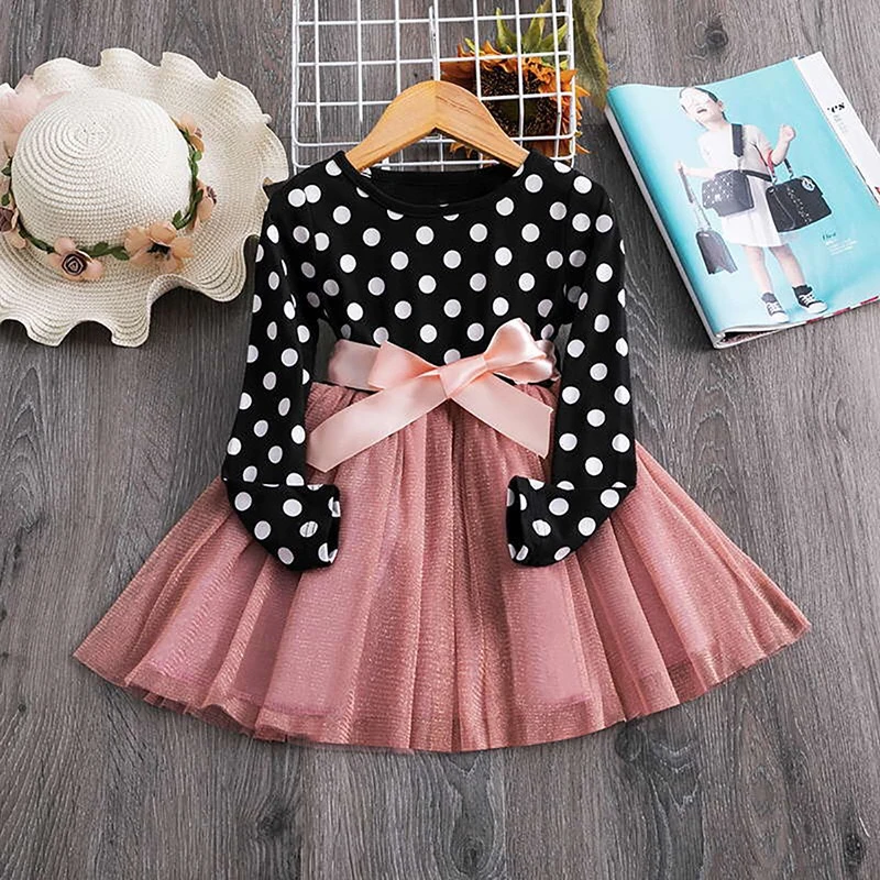 New fashion toddler girls boutique spring autumn long sleeve dots printed tulle princess T-shirt dress