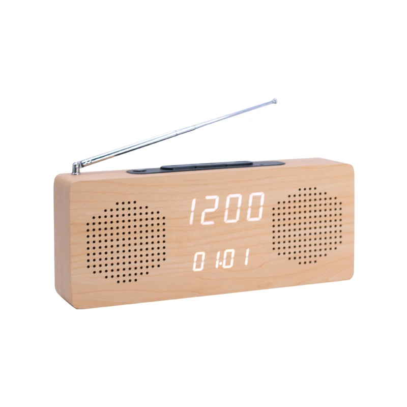 New Popular Wooden Temperature Small Led Digital Fm Radio Clock With Usb Charger And Voice Control