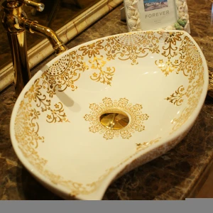 Oval shape chinese washbasin sink Jingdezhen Art Counter Top ceramic bathroom sink ceramic sink hand gold pattern wash basin
