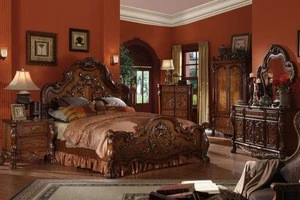 Pakistan hand carved bedroom furniture sets price, solid cherry wood bedroom set , Brown luxurious king bedroom furniture sets