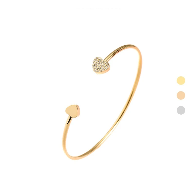 Peach Heart 14K Gold Plated Zircon Bangle Minimalist Female Fashion Accessories Stainless Steel Jewelry Cuff Spring Bracelets