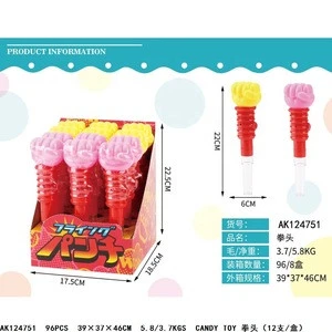 Promotional new candy toy 2019 plastic fist cartoon sweet candy stick toy for kids