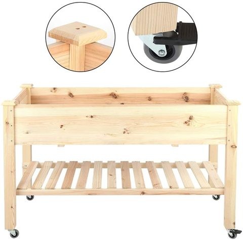 Raised Garden Bed Elevated Wood Planter Box Outdoor Raised Wooden Planter Garden Grow Box with Legs, Lockable Wheels and Storage