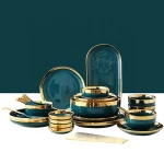 Retro Emerald Green and Gold Nordic Ceramic Tableware for Wedding Venue Event Party Reception Luxury Porcelain Dinnerware Set