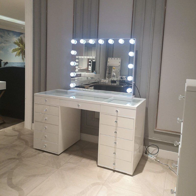 Stock in US! Docarelife Hollywood Style Makeup Table With Adjustable Light Bulbs And 13 Drawer Dressers