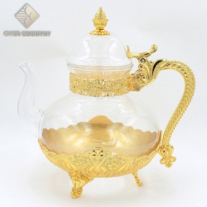 Tulip Desgin Turkish Gold Plated Metal Drinkware Glass Tea Cups Pot Set