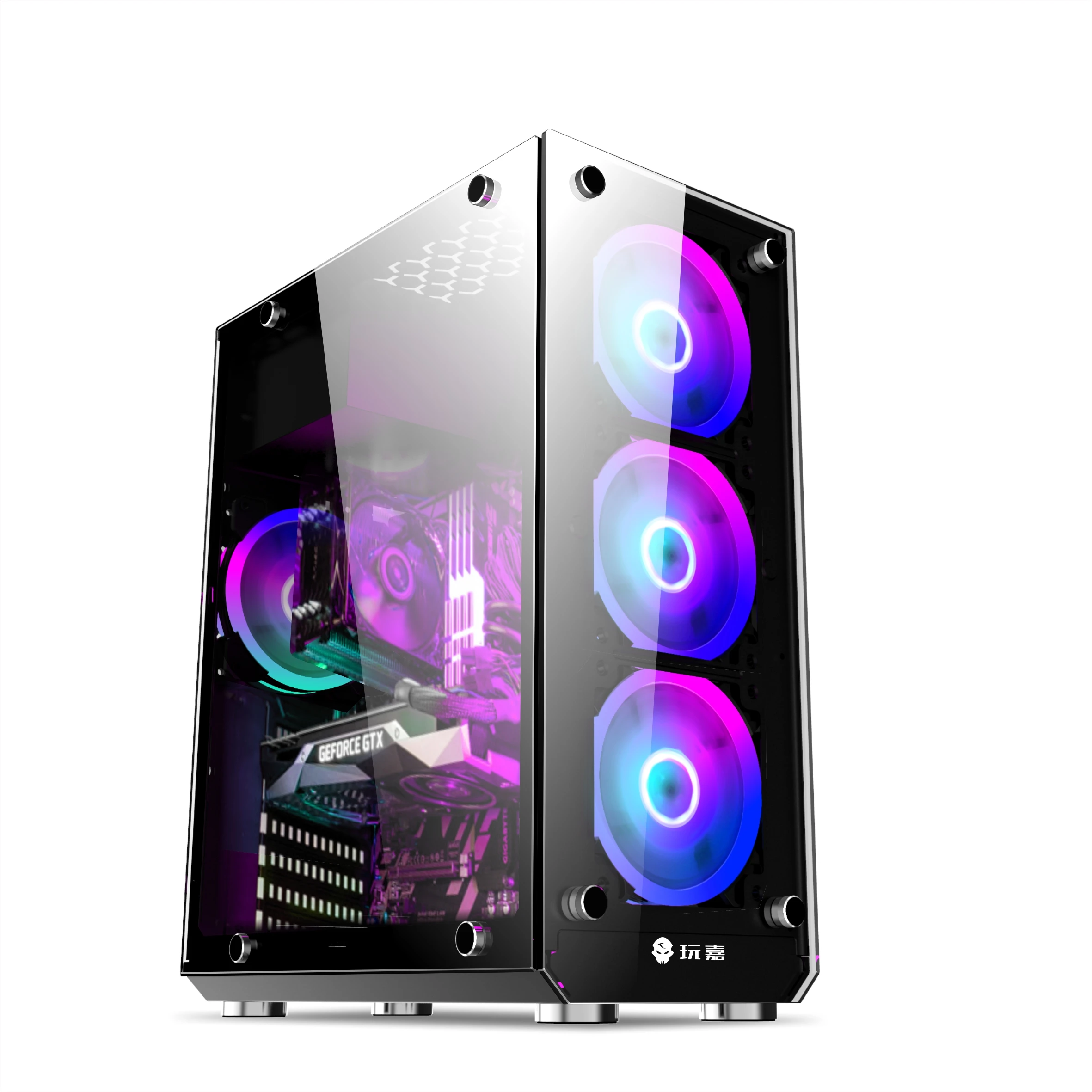 Two tempered glass gaming pc cabinet ATX full tower gamer computer case with RGB fan