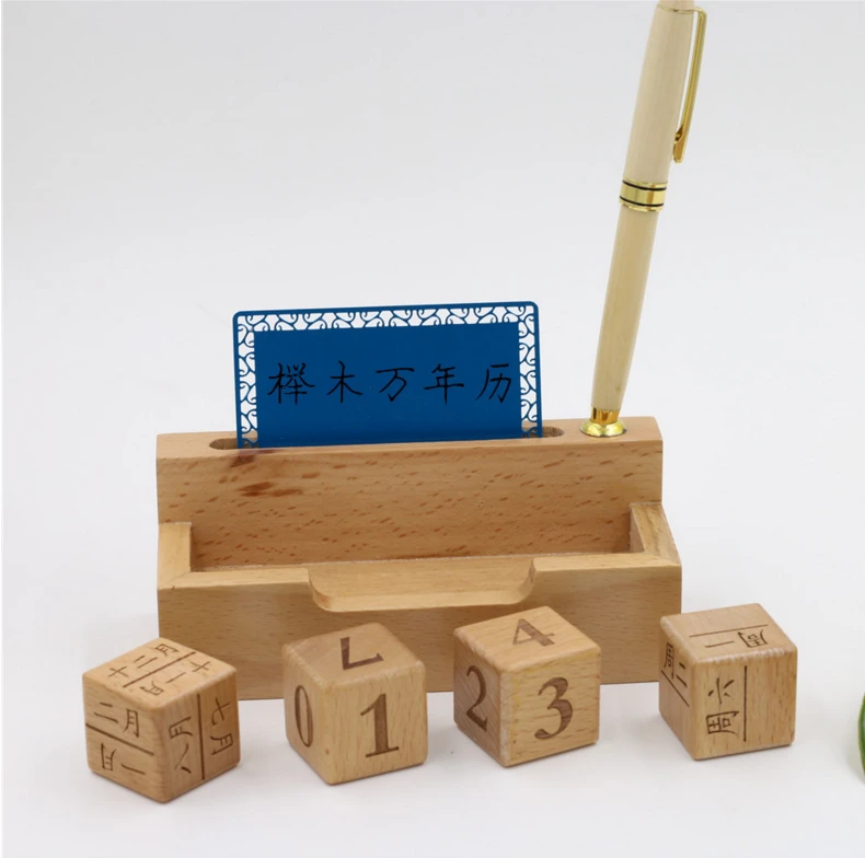 Wholesale Custom Table Beech Wooden Desktop Desk Perpetual Advent Calendar With Namecard Pen Stand
