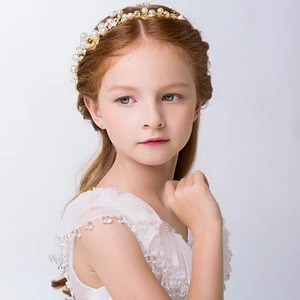 Wholesale Kids Flower Hairbands Princess Hair Accessories Children Wedding Party Metal Leaves Pearl Headband Crown for Girls