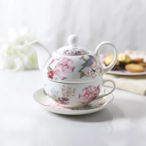 Wholesale tea kettle flower decal tea pot set tea cup set teapot and cup in one with bone china material