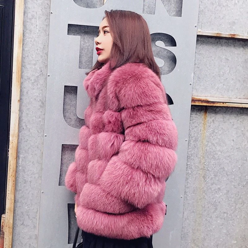 Women Faux Fox Fur medium Coat with collar