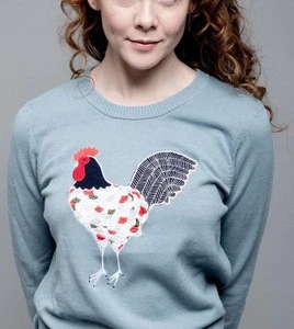 WOMENS 100% COTTON FINE GAUGE APPLIQUE ROOSTER EMBROIDERY KNITTED SWEATER ( PULLOVER )