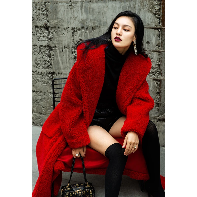 Yigelila Autumn And Winter 2020 Red Hooded Collar Long Sleeve Warm Coat