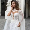ZH3133G Gorgeous Mermaid Lace Wedding Dresses With Cape Sheer Plunging Neck Bohemian Bridal Gown Appliqued Vestidos De Nnovia