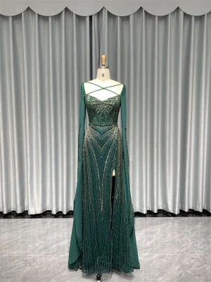 Green Elegant Dress 3D Embroidery