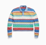 Classic striped cable-knotted cotton polo shirt, women's knitted sweater