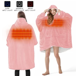 Electric Adult Women Hoodie Blankets Oversized Cozy Warm Sherpa Fleece Pink USB Heating Hooded Blanket Winter