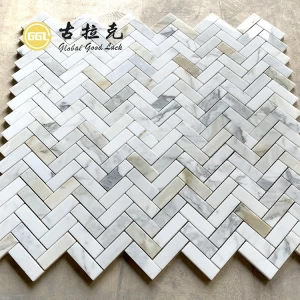 1 x 3 Calacatta Gold Marble in Herringbone Pattern Mosaic Tile
