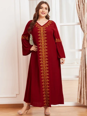 1706MuslimQLO Ethnic embroidery long wrinkled retro red ethnic long skirt abaya muslim dress 2021 latest islamic clothing
