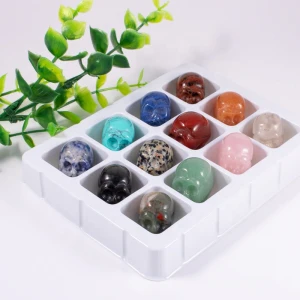 1inch 12pcs Mixed Color Natural Healing Gemstone Crystal Skulls Head Stone Ornament Carving Crafts for Home Decoration