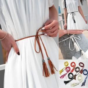 1PC Boho Thin Waist Rope Belt Women Simple PU Leather Tassel Braided Self-Tie Belt 3 orders
