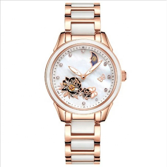2019 new OEM fashion trend open back casing lady automatic mechanical watch ceramic watch women&#39;s watch waterproof