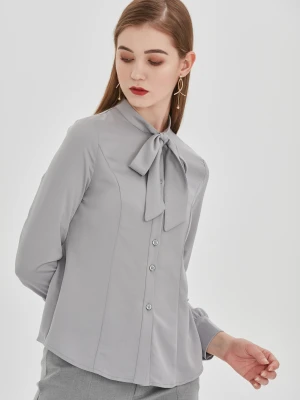 2020 hot sale fashion Neckline bow tie design Comfortable anti-wrinkle Middle collar plain long sleeve blouse shirt for women