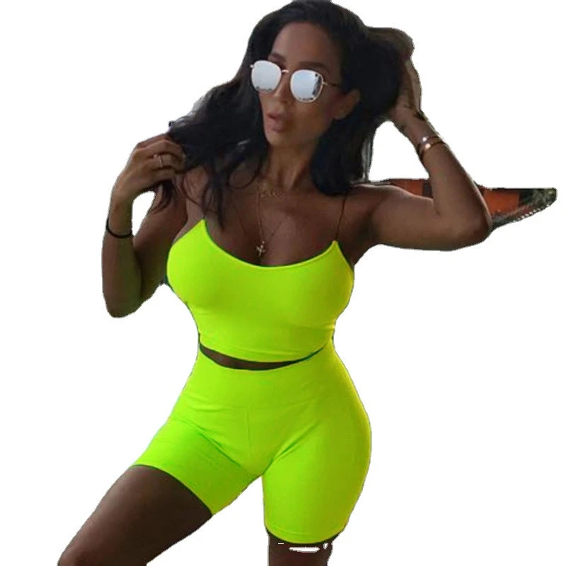 2020 New Neon Green Biker Shorts and Crop Top Sexy Two Piece Set Women 2 Piece Summer Matching Sets Urban Streetwear