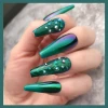 20pcs Green With Drill Design Coffin Glossy Press on Nails Ballerina Acrylic False Nails Tips Full Cover Nail Tips Easy To Use