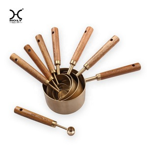 8pcs measuring cups and spoons set of acacia wood handle with vacuum plating