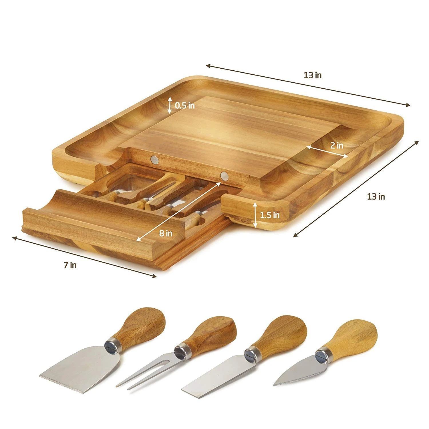 Acacia Wood Cheese Board and Knife Set | 100% Teak Cheese Platter | Cheese Plate