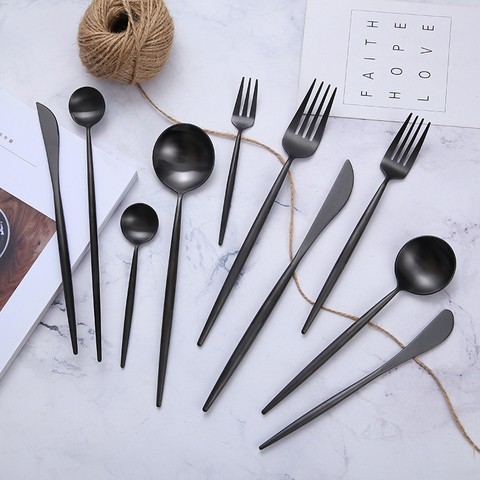 Amazon Top Seller Custom Logo Printing Knife Fork Spoon Flatware 18/8 Matte Black Cutlery Set