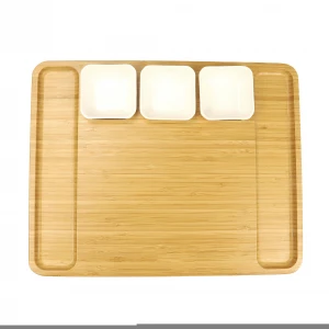 Bamboo Cheese Board And Cutlery Set Wood Serving Tray With Rectangular Ceramic Ramekins