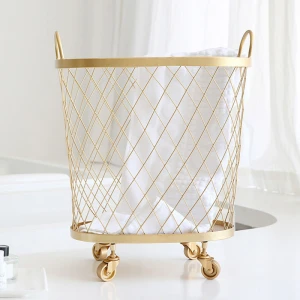 Big size gold clothes laundry hamper basket with wheels