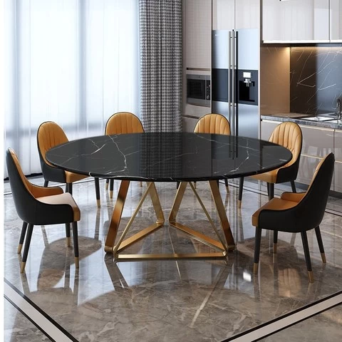 Black Modern Round Marble Dining Table with Stainless Steel Base