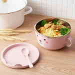Cartoon Wheat straw Cutlery set Stainless Steel 1200ml Thicken Sealed Instant Noodle Soup Bowl with spoon