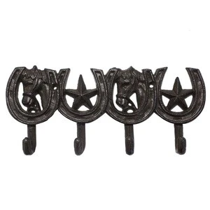 Cast iron vintage horse head and star horseshoe decorative metal coat and hat wall hook--4 hooks