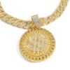 Cheap Price Hip Hop Jewelry Alloy Crystal Dollar Disc Pendant Trendy Mens Cuban Chain Gold Dollar Necklace Charm